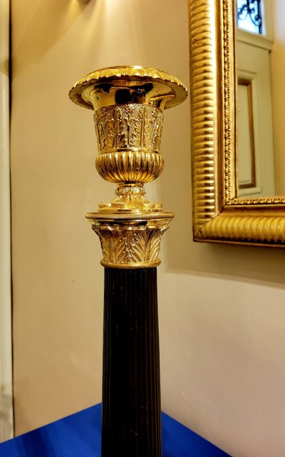 Pair of Antique Bronze Column Candlesticks with Double Patina, 19th Century