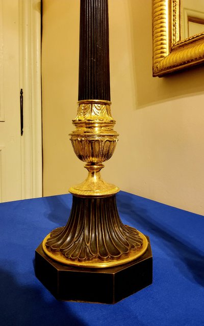 Pair of Antique Bronze Column Candlesticks with Double Patina, 19th Century