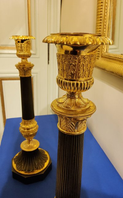 Pair of Antique Bronze Column Candlesticks with Double Patina, 19th Century