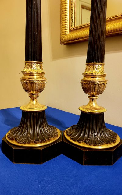 Pair of Antique Bronze Column Candlesticks with Double Patina, 19th Century