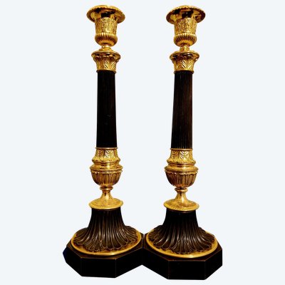 Pair of Antique Bronze Column Candlesticks with Double Patina, 19th Century