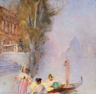 Raymond Allègre 1857-1933 Venedig, Frauen vor einem Palast, Gemälde, um 1900, Italien