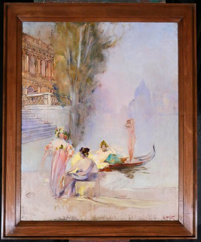 Raymond Allègre 1857-1933 Venedig, Frauen vor einem Palast, Gemälde, um 1900, Italien