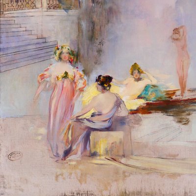 Raymond Allègre 1857-1933 Venedig, Frauen vor einem Palast, Gemälde, um 1900, Italien