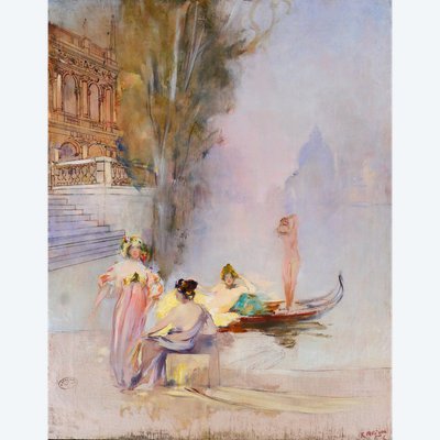 Raymond Allègre 1857-1933 Venedig, Frauen vor einem Palast, Gemälde, um 1900, Italien