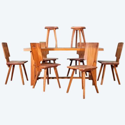 Pierre Chapo Set, 6 S28 Chairs, T01d Table and Pair of Stools