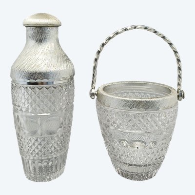 1960s Gorgeous Cut Crystal Cocktail Shaker with Ice Bucket by Arir. Made in Italy.