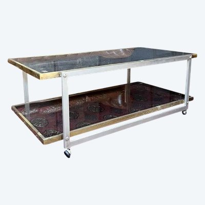 Brass and Stainless Steel Coffee Table with Smoked Glass