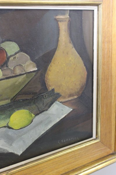 Oil on Canvas Still Life with Trout by Sabatier Circa 1940