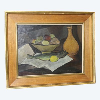 Oil on Canvas Still Life with Trout by Sabatier Circa 1940