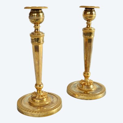 Pair of Empire gilt bronze candlesticks - Return from Egypt, Consulate period -