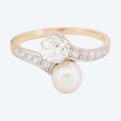 Toi et Moi ring in 18kt two-tone gold, diamonds and cultured pearl