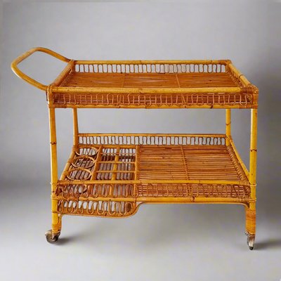 1960s Gorgeous Bamboo & Rattan Serving Bar Cart Trolley by Franco Albini.