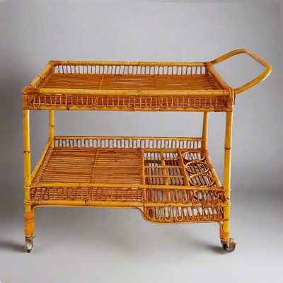 1960s Gorgeous Bamboo & Rattan Serving Bar Cart Trolley by Franco Albini.