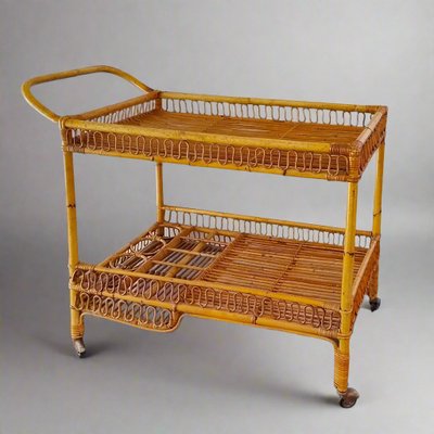 1960s Gorgeous Bamboo & Rattan Serving Bar Cart Trolley by Franco Albini.