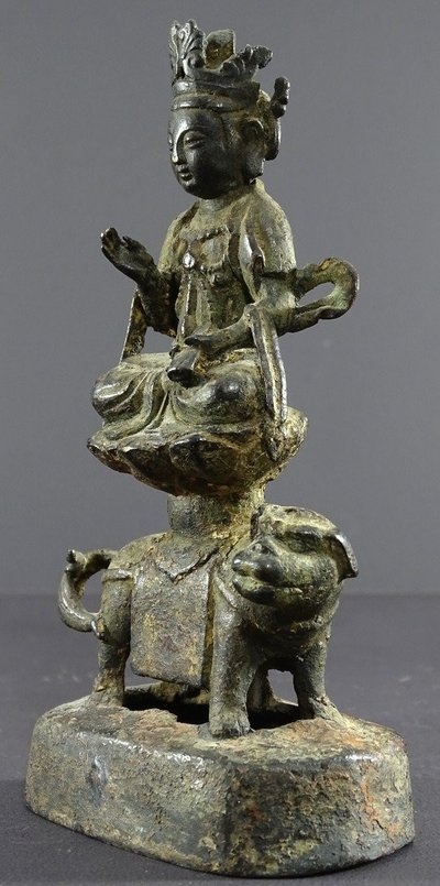 China, Ming Dynasty, Late 14th-early 15th century, Bronze Statuette of Majushri on a Lion.