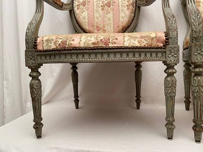 Pair of large Louis XVI style armchairs, blue-grey lacquered wood. Late 18th, early 19th century