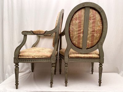 Pair of large Louis XVI style armchairs, blue-grey lacquered wood. Late 18th, early 19th century