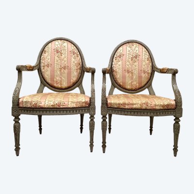 Pair of large Louis XVI style armchairs, blue-grey lacquered wood. Late 18th, early 19th century