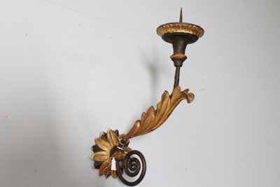 Antique pair of 18th century antique arms in painted, gilded and lacquered wood. Candelabra appliques