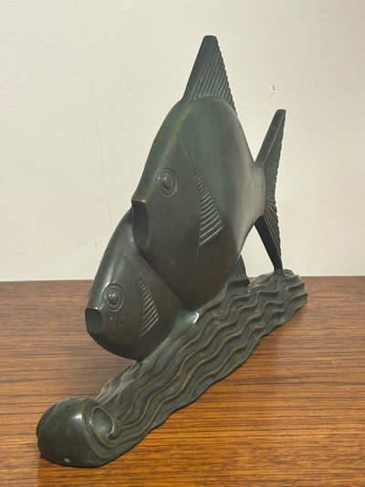  Rare Bronze Art Déco Poissons Patine Verte Vers 1930 