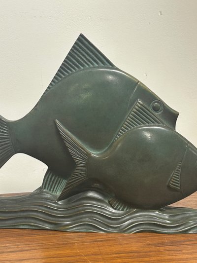  Rare Bronze Art Déco Poissons Patine Verte Vers 1930 