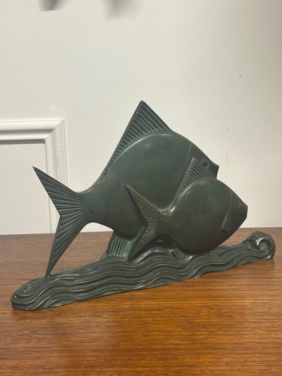  Rare Bronze Art Déco Poissons Patine Verte Vers 1930 