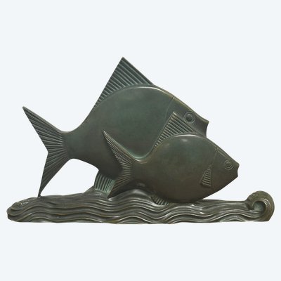  Rare Bronze Art Déco Poissons Patine Verte Vers 1930 