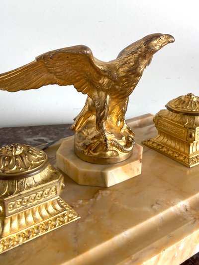 Inkwell in Gilt Bronze and Yellow Siena Marble, Late 19th Century