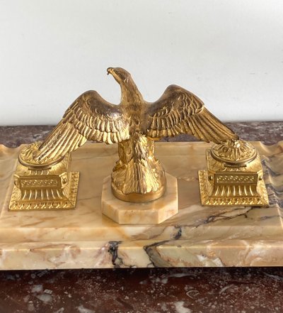 Inkwell in Gilt Bronze and Yellow Siena Marble, Late 19th Century