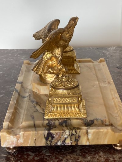 Inkwell in Gilt Bronze and Yellow Siena Marble, Late 19th Century