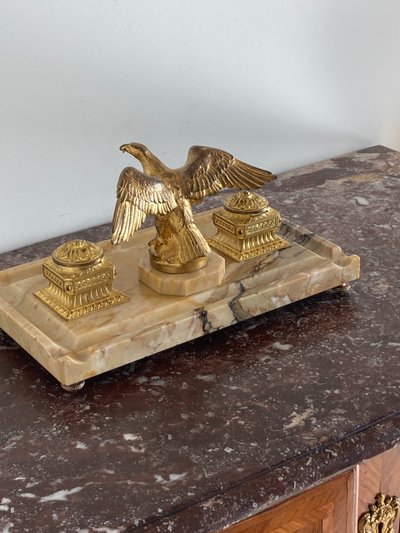 Inkwell in Gilt Bronze and Yellow Siena Marble, Late 19th Century