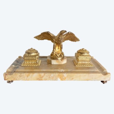 Inkwell in Gilt Bronze and Yellow Siena Marble, Late 19th Century