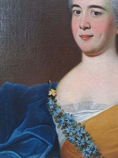 18th Century School, Portrait of a Lady in a Blue Dress Signed on the Back Hubart 1741