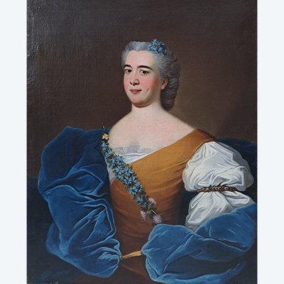 18th Century School, Portrait of a Lady in a Blue Dress Signed on the Back Hubart 1741