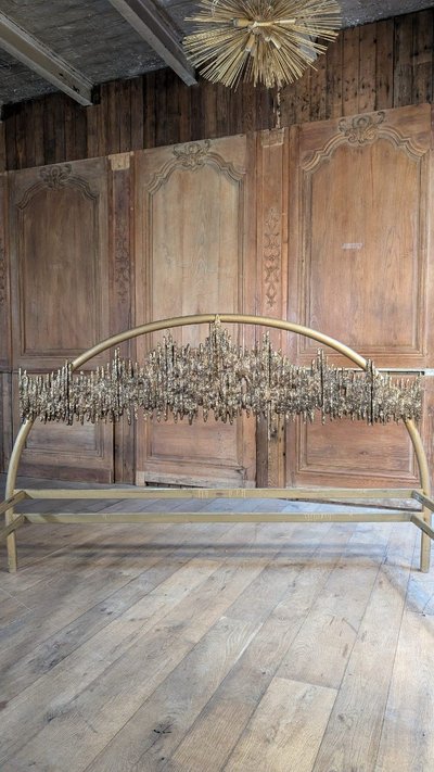 Bed with Headboard with Brutalist Bronze Sculpture by Frigerio, Italy, 1968