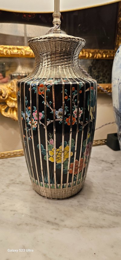 Pair of lamps with birds and branches in their silver cages, Japan circa 1920.