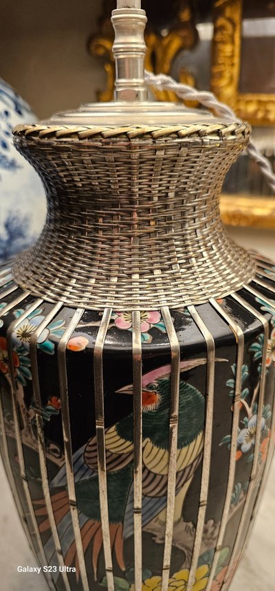 Pair of lamps with birds and branches in their silver cages, Japan circa 1920.