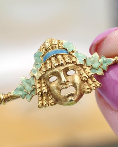 Louis Zorra Theater Mask Brooch In 18k Gold, Art Nouveau, Antique Jewelry, Enamel