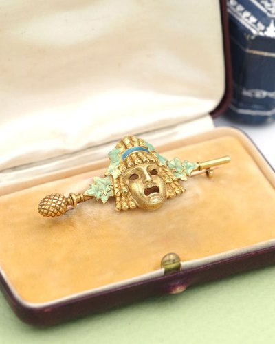 Louis Zorra Theater Mask Brooch In 18k Gold, Art Nouveau, Antique Jewelry, Enamel