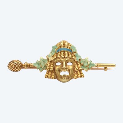 Louis Zorra Theater Mask Brooch In 18k Gold, Art Nouveau, Antique Jewelry, Enamel