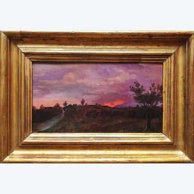 Oil Painting Landscape At Setting Sun 19th C French School