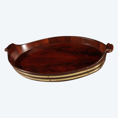 Original oval tray in mahogany and brass.