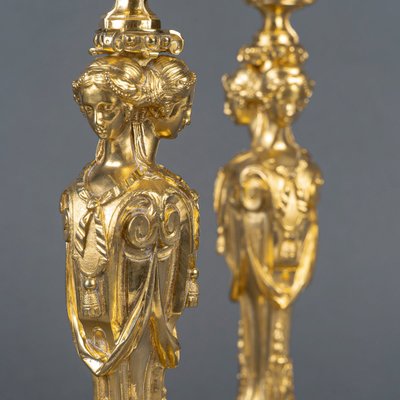 Vestals Pair of Louis XVI Style Chiseled and Gilt Bronze Candlesticks, 19th Century circa 1850