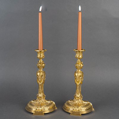 Vestals Pair of Louis XVI Style Chiseled and Gilt Bronze Candlesticks, 19th Century circa 1850