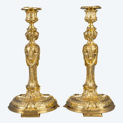 Vestals Pair of Louis XVI Style Chiseled and Gilt Bronze Candlesticks, 19th Century circa 1850