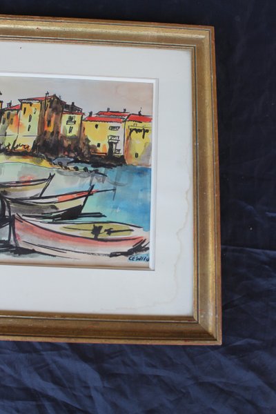 Port de Saint Tropez gouache Vue signée de Césario époque 20ème 