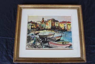 Port de Saint Tropez gouache Vue signée de Césario époque 20ème 