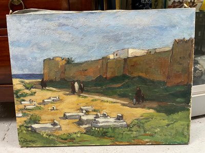 Geneviève Bascou Gavrel - The Ramparts of Hammamet Oil on Canvas Orientalist Tunisia