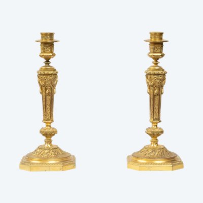 Pair of antique gilt bronze candlesticks. France, 19th century